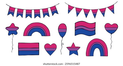 Set of colorful Bisexual pride flag Happy pride day LGBTQIA community Pride Month Vector hand drawn doodle for posters, stickers, logo, cards