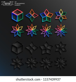 Set of colorful and black infographics elements on black background. Vector assets for ui design. Set of buttons for web or game design. Set of stars.