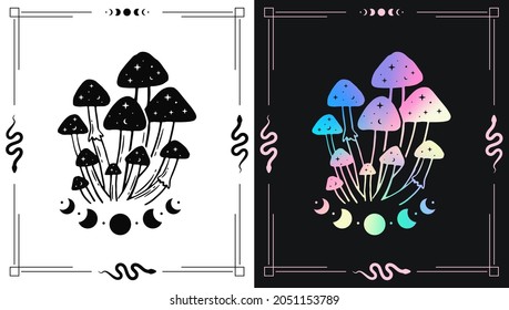 Set of colorful and black and white illustrations with magic mushrooms and moon for esoteric theme designs