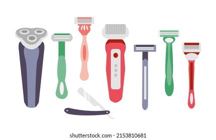 Set of colorful blade razor on white background. Vector illustration hygiene skin for men and women in flat style.