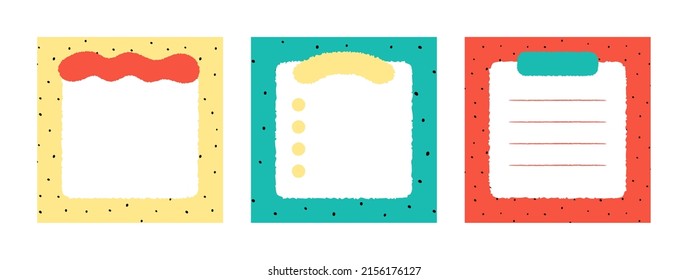 Set of colorful blank notepad hand drawn vector illustration. Template paper for sticker note, memo, list. Cartoon style. Isolated on white.