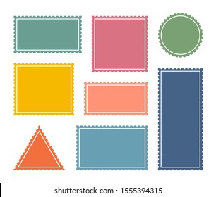 Set colorful blank postage stamp.Toothed border mailing postal sticker template. Vector graphic design.