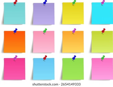 Conjunto de notas adesivas coloridas em branco, colorido tacks ilustração vetorial, escritório papelaria ilustração vetorial para gravar ideias e destaque, informações elementos decorativos.