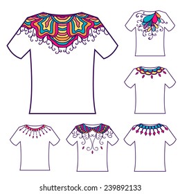  Set of colorful blank t-shirt with doodle ornament. Vector illustration.