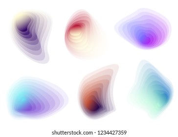 Set of colorful blended gradient shapes isolated on white background. Abstract liquid shapes. Bright smooth bubbles.  Geometric halftone colorful gradient. Vector Illustration