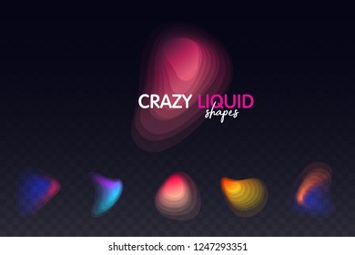 Set of colorful blended gradient shapes isolated on black transparent background. Abstract liquid shapes. Bright smooth bubbles. Geometric halftone colorful gradient. Vector Illustration