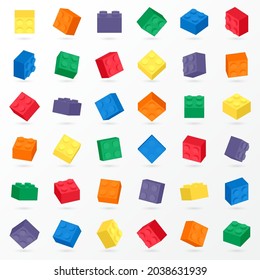 Set of colorful block brick toy element with 3D perspective of building toys for kid flyer, part piece poster, web, ads, online, social media. baby and kids shop, children store, Vector illustration