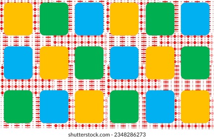 set of colorful block, green blue and yellow block square on red strip background repeat seamless pattern, replete image design for fabric printing design or wallpaper or backdrop
