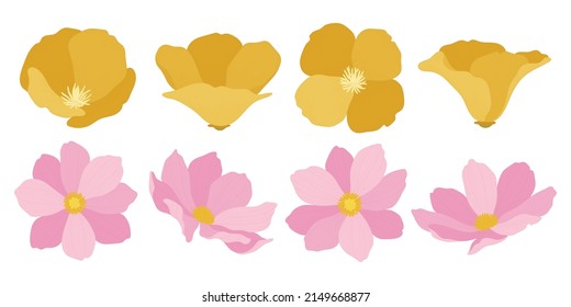 Set of colorful blooming flowers illustration.