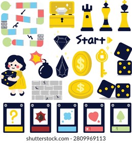 A set of colorful board game elements including dice, cards, treasure, chess pieces, and game board components, featuring a cute illustration style.