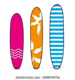 A set of colorful boards for surfing. Extreme and sports. Surfboard. Vector illustration, vacation, sea and ocean.