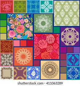 Set of colorful bohemian seamless vector patterns. Roses, damask borders, mandalas. Ethnic textile collection.
