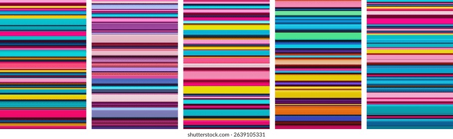 Set of colorful bold geometric cover designs with tightly packed vibrant stripes. Modern poster designs featuring narrow horizontal multicolored stripes arranged in unpredictable sequences. Vector