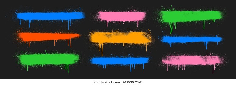 Set of colorful bold and thick strokes with spray texture and ink drips. Vector spray paint shapes, horizontal banners. Graffiti style stripes with stain splash. Street art or urban style.