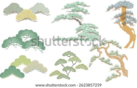 	
Set of colorful bonsai tree or pine tree elements. Japanese background with Asian traditional icon vector. Natural art with brown background in vintage style.