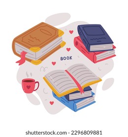 Set of colorful books and tea cup. Science, hobby, education concept cartoon vector illustration