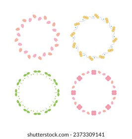 A set of colorful border frame illustrations with spring season concept icons in a circle. Flowers, buds, butterfly, petals, cherry blossoms, leafs, etc.
