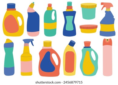 Set of colorful bottles cleaning agent. Chemical detergent for cleaning and disinfection.