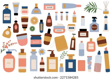 Set of colorful bottles icons concept without people scene in the flat cartoon style. Images of cosmetic bottles of different colors and shapes. Vector illustration.