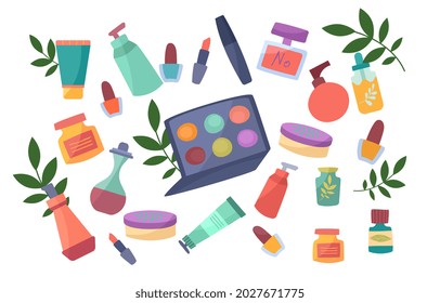 Set of colorful bottles. Jars and tubes with organic cosmetics. Natural decorative and care cosmetics for skin. Creams with herbal extracts. Cartoon flat vector collection isolated on white background