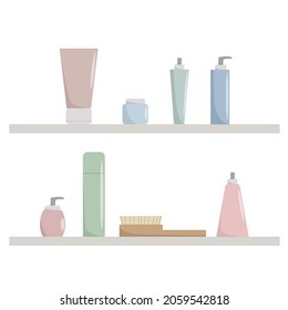 Set of colorful bottles, jars and tubes with organic cosmetics vector flat illustration. Skincare products isolated on white background. Natural eco friendly composition.