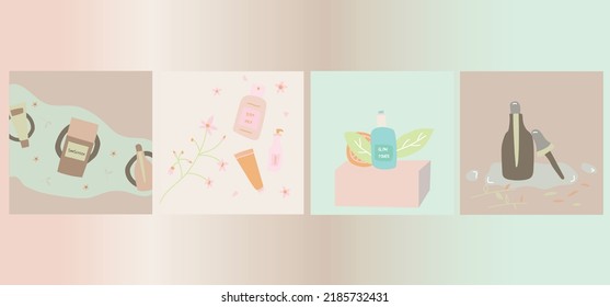 Set of colorful bottles, jars and tubes with organic cosmetics vector flat illustration. Collection of flowers, leaves and skincare products isolated on white. Natural eco friendly composition