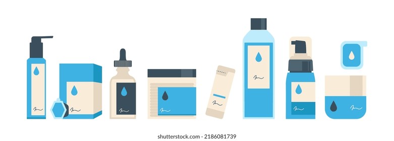 Set of colorful bottles, jars and tubes with organic cosmetics vector float illustration. set cosmetics for moisturizing skin in Korean skincare isolated on white. Natural eco friendly composition