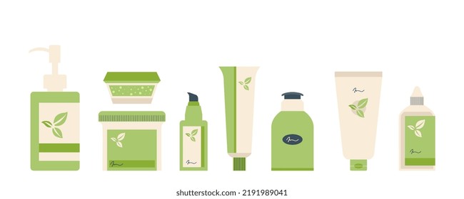 Set of colorful bottles, jars and tubes with organic cosmetics vector float illustration. set cosmetics for oil skin in Korean skincare isolated on white. Natural eco friendly composition