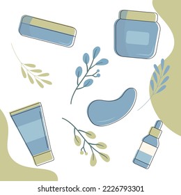 Conjunto de botellas coloridas, tarros y tubos con la ilustración plana vectorial de cosméticos orgánicos. Colección de flores, hojas y productos para el cuidado de la piel aislados en blanco. Composición ecológica natural.