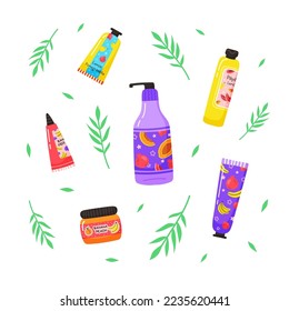 Set of colorful bottles, jars and tubes with organic cosmetics vector flat illustration. Fruity aroma. Skin care products isolated on white. Natural environmentally friendly composition.