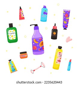 Set von bunten Flaschen, Gläsern und Röhren mit organischen Kosmetika Vektorgrafik. Fruchtiges Aroma. Hautpflegeprodukte einzeln auf Weiß. Natürliche umweltfreundliche Zusammensetzung.