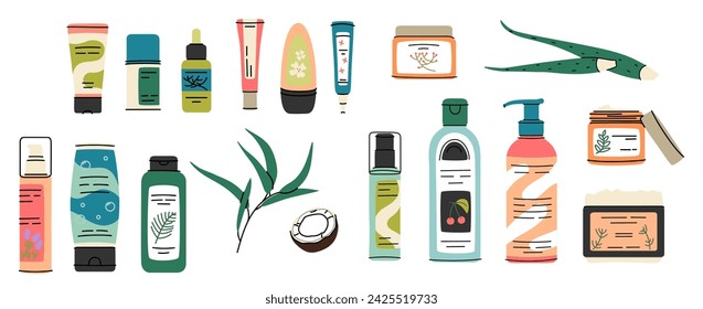 Set of colorful bottles, jars and tubes with organic cosmetics vector flat illustration. Collection of flowers, leaves and skincare products isolated on white. Natural eco friendly composition