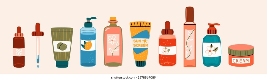 Set of colorful bottles, jars and tubes with organic cosmetics flat illustration. Collection of skincare products.