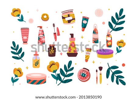 Set of colorful bottles, jars and tubes with organic cosmetics on white background. Flowers, leaves and skincare products. Natural eco friendly composition. Flat cartoon vector illustration
