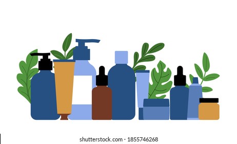 Set of colorful bottles with organic cosmetics. Vector flat illustration. Collection of plants, leaves and skincare products isolated on white. 