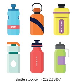 Set of colorful bottles for sports in cartoon style. Vector illustration of different bottles for sports with water or cocktails on white background.