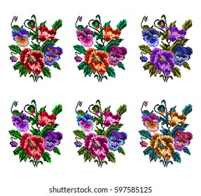 Set. Colorful bouquet of flowers (poppies and pansies) using traditional Ukrainian embroidery elements. Can be used as pixel-art.  