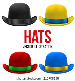 Set of colorful bowler hats with silk ribbon. Vector Illustration Isolated on a white background