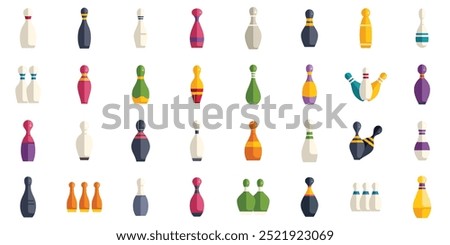 Set of colorful bowling pins standing in various groupings, perfect for representing the popular pastime of bowling