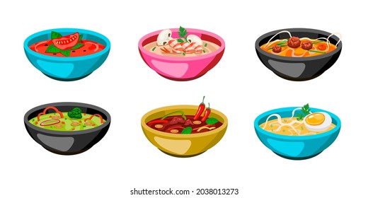 Set of colorful bowls of soup. Cartoon vector illustration. Hot gazpacho, tomato, chicken soup with curry, turmeric, sour cream, mushrooms in dishes on white background. Food, diet, cuisine concept