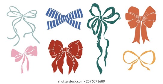 Set of colorful bows with different colors and patterns. The bows are arranged in a row, with some being larger than others. Scene is cheerful and playful, as the bows are bright and colorful