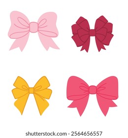 Set of colorful bows on white background. Vector illustration in flat style. Trendy various bows, gift ribbons.