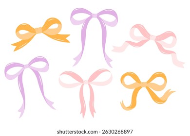 Set of colorful bows in pink, purple, and orange tones. Cute flat vector illustration for gift wrapping, baby designs, celebration decor, stickers, or girly-themed projects.