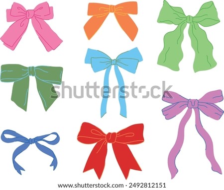 Set of colorful bows and ribbons, flat curled design, isolated on white background. Festive bundle for cute and elegant designs