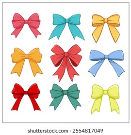 Set of Colorful bows. Simple hand drawn ribbon bow. Bowknot for decoration, design