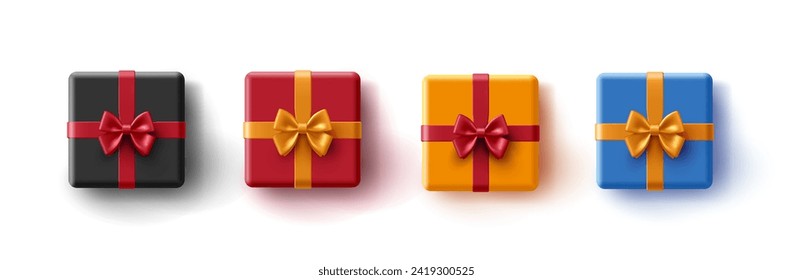 Set of colorful boxes, 3D gifts with yellow and red ribbons and bows. View from above. Realistic image for holiday design concepts. Vector