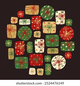Set of colorful boxes of different shapes with gifts for Christmas. Vector illustration on dark background for greeting card, poster, flyer, banner, cover.
