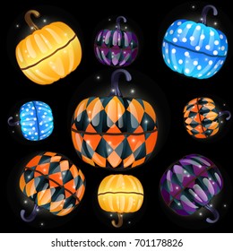 Set of colorful boxes with a fun texture made in the shape of pumpkins isolated on a black background. The attributes of the celebration of the Halloween holiday. Vector cartoon close-up illustration.