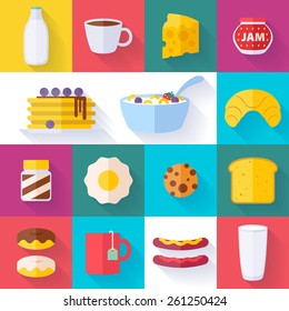 Set of colorful breakfast icons flat style with shadow. Morning food symbols.