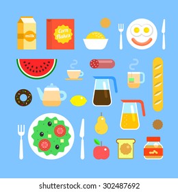 Set of colorful breakfast icons in flat style. Fresh delicious food and drinks, fruit, tea, coffee and juice. American breakfast. Light beverages and snacks. Stock vector icons.